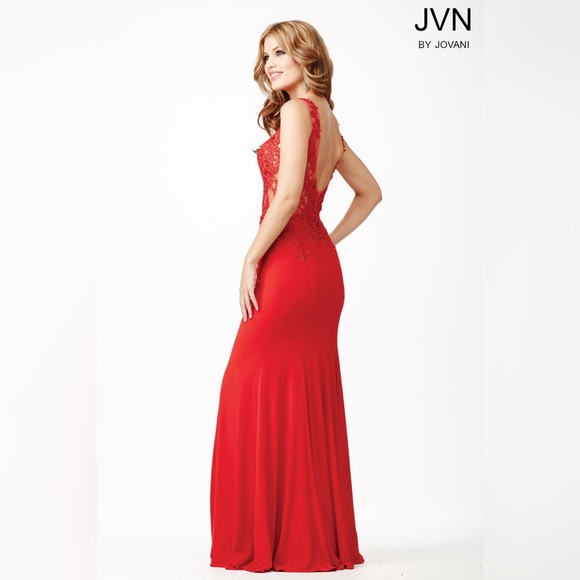 đź’‹ Stunning Jovani Formal Red Lace Full Length Prom or Formal Event Dress - Picture 4 of 9